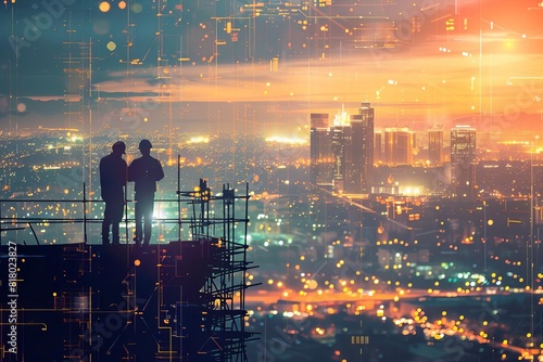 Engineer and worker discussing plans with city backdrop