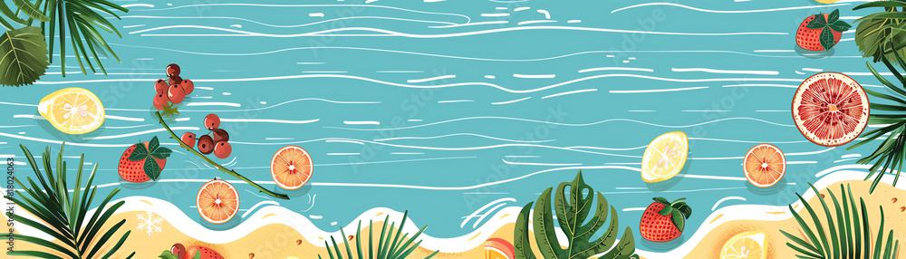 Obraz premium mat on the shore with fruit flat design top view holiday theme water color Triadic color scheme
