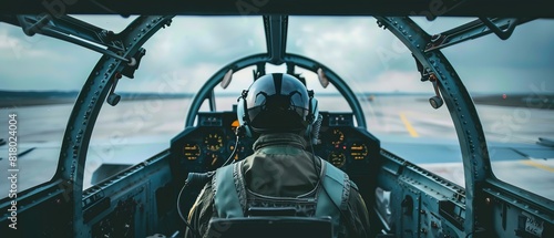 A pilot in a fighter jet cockpit preparing for takeoff, close up, aviation theme, dynamic, Overlay, an airbase as backdrop photo