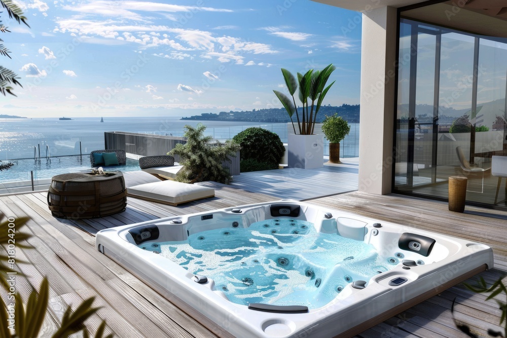 Fototapeta premium Whirlpool Tub. Luxurious Hot Tub on Backyard Terrace for Relaxing Spa Experience