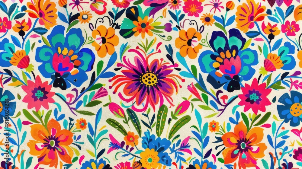 Vibrant Mexican Flora Textile Print, All-Over Pattern, Flat Colors
