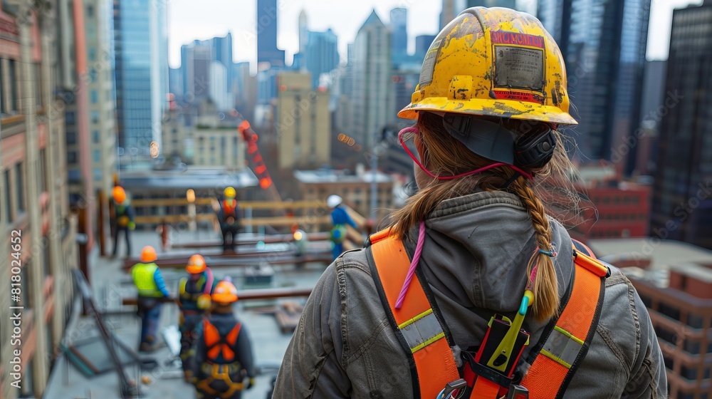 Construction team wearing safety harnesses coordinating on a high rooftop, urban landscape Construction team wearing safety harnesses coordinating on a high rooftop, urban landscape