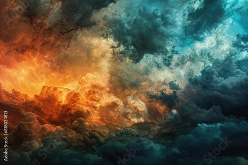Dark Colorful Abstract Nature Skyline Photo with Turbulence in Dark Orange and Cyan Tones