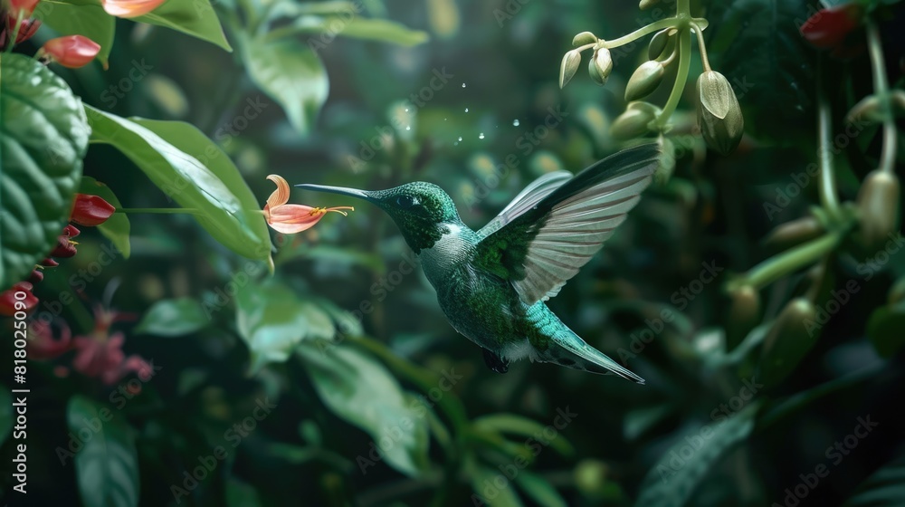 Naklejka premium Green Bird. Hummingbird in Nature, Flying to Nectar-Filled Flowers