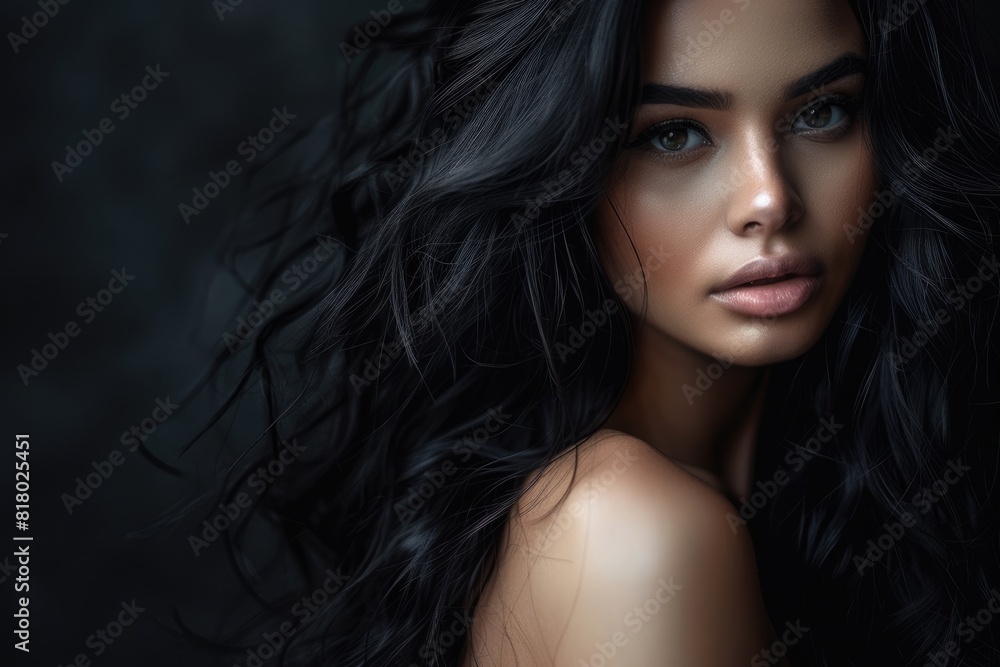 Black Hair Woman Beauty Portrait. Beautiful Curly Long Hairstyle on a Brunette Female Model Over Black Hair Woman Beauty Portrait. Beautiful Curly Long Hairstyle on a Brunette Female Model Over