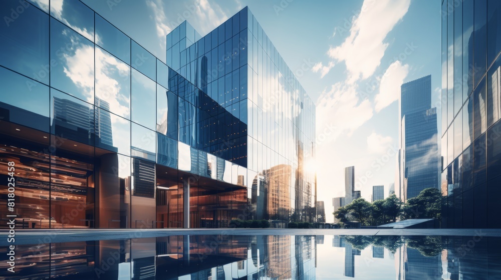 image of a modern eco-friendly building reflected in the sleek glass facade of a neighboring skyscraper.