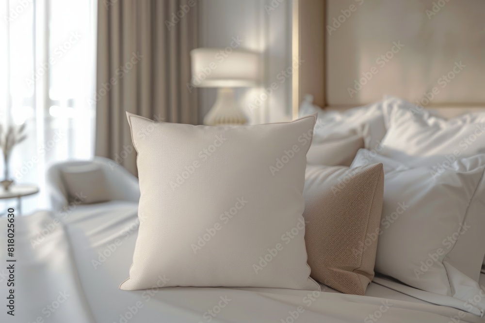 Fototapeta premium Neutral-toned pillow mockup on a luxurious bed in a well-lit, elegant bedroom setting. Soft and serene home decor with a focus on comfort and style. Generative AI