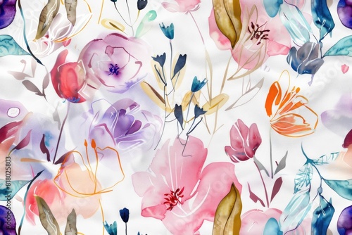Vibrant Watercolor Floral Pattern with Blossoms and Botanical Accents