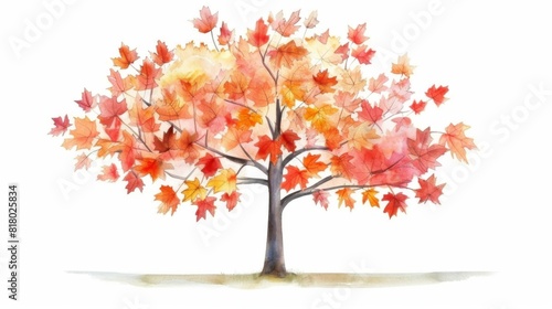 Watercolor painting of autumnal tree with vibrant red and orange leaves  isolated on white  showcasing the beauty of seasonal changes.