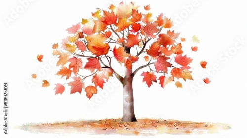 Watercolor painting of autumnal tree with vibrant red and orange leaves  isolated on white  showcasing the beauty of seasonal changes.