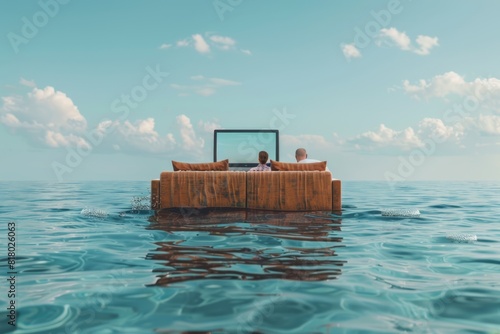 A comfy living room couch floating in the middle of the ocean, with a family watching TV on it, surrealism
 photo