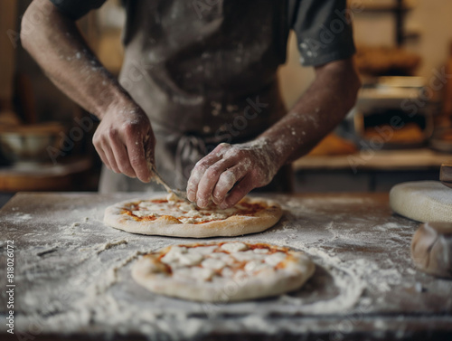 baker passionately pizza on a flour-dusted countertop, meticulous and artisanal, in the style of mastery, with warm and inviting tones, close-up shot