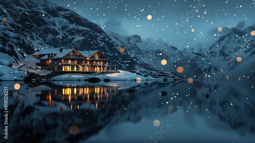 Illuminated High Tech Mountain Lodge with Bokeh Lights Reflecting on  photo
