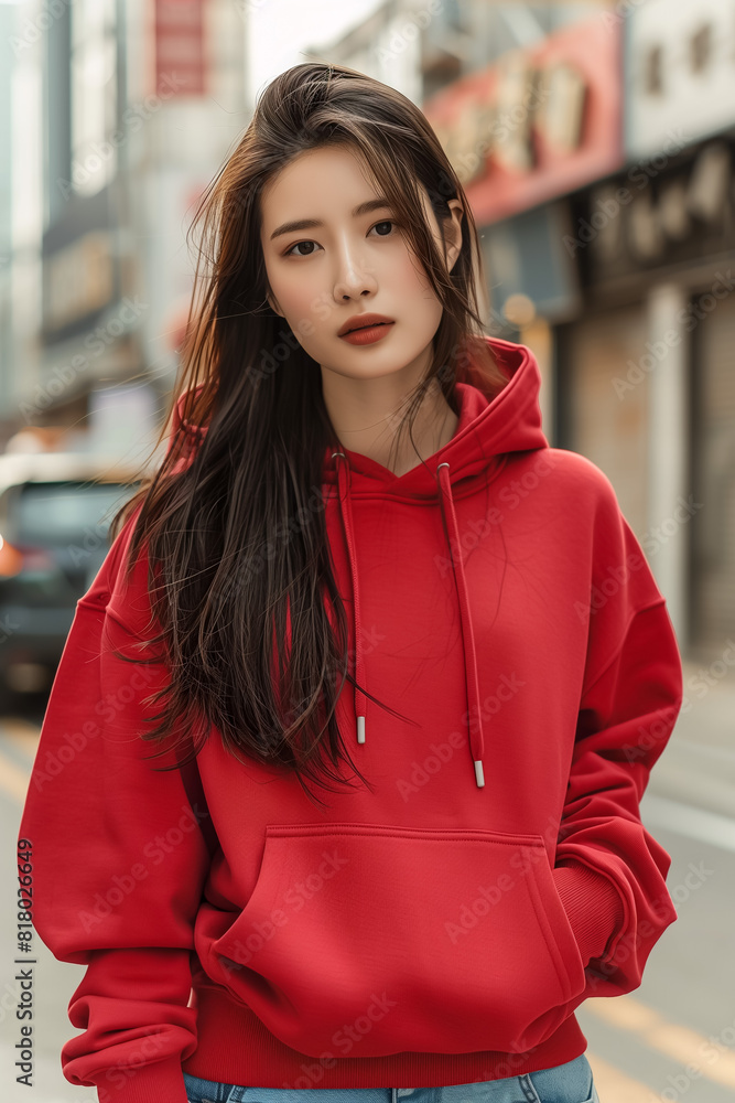Young asian woman wearing red hoodie on street, hoodie mockup Young asian woman wearing red hoodie on street, hoodie mockup