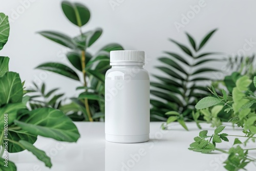  White supplement bottle mockup on a glossy surface surrounded by lush indoor plants. Healthcare and wellness concept. Generative AI © Екатерина Каболова