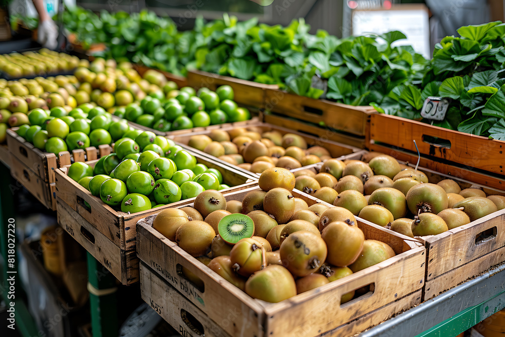 The harvested kiwi crop is neatly packed in wooden boxes on the sorting table, ready for distribution at a bustling orchard during the peak of the harvest season The harvested kiwi crop is neatly packed in wooden boxes on the sorting table, ready for distribution at a bustling orchard during the peak of the harvest season