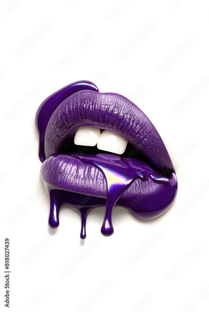 Shiny Lips with Dripping Starry Gloss. sensual lips with glossy dripping purple lipstick. Metallic glitter effect. Isolated white background with copy space. Shiny Lips with Dripping Starry Gloss. sensual lips with glossy dripping purple lipstick. Metallic glitter effect. Isolated white background with copy space.