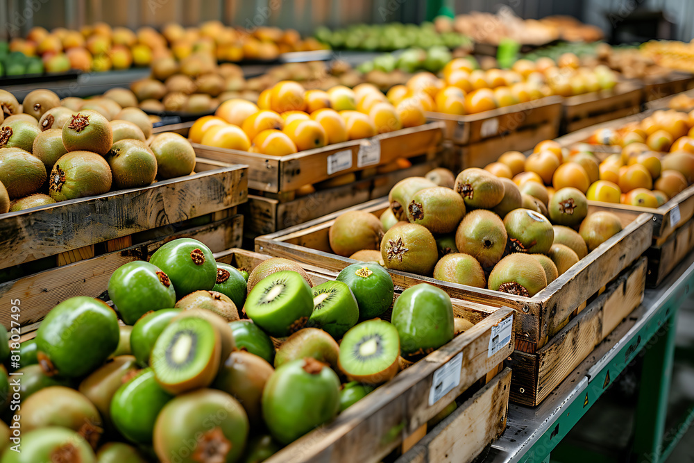 The harvested kiwi crop is neatly packed in wooden boxes on the sorting table, ready for distribution at a bustling orchard during the peak of the harvest season The harvested kiwi crop is neatly packed in wooden boxes on the sorting table, ready for distribution at a bustling orchard during the peak of the harvest season