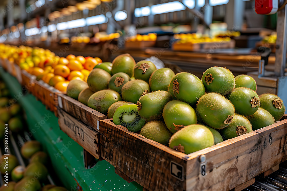 The harvested kiwi crop is neatly packed in wooden boxes on the sorting table, ready for distribution at a bustling orchard during the peak of the harvest season The harvested kiwi crop is neatly packed in wooden boxes on the sorting table, ready for distribution at a bustling orchard during the peak of the harvest season