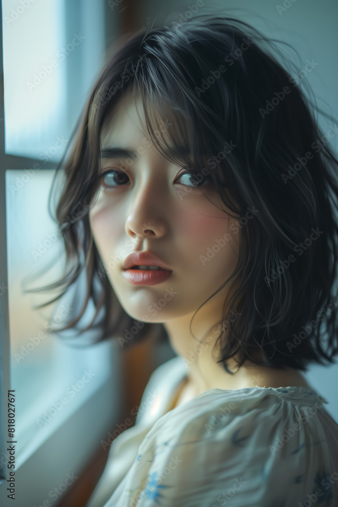 Young asian woman by window serious face short hair