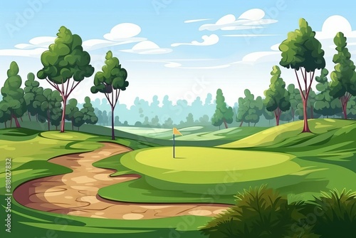 golfing session flat design front view golf course theme cartoon drawing colored pastel