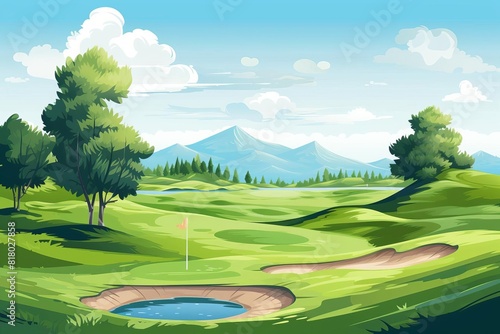 golfing session flat design front view golf course theme cartoon drawing colored pastel photo