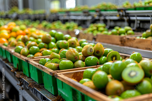 The harvested kiwi crop is neatly packed in wooden boxes on the sorting table, ready for distribution at a bustling orchard during the peak of the harvest season
