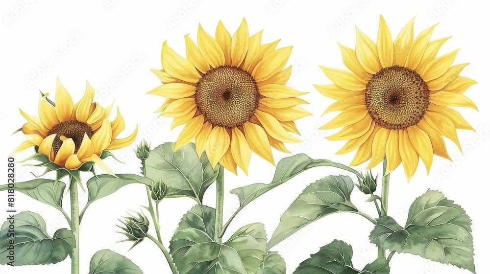 Group of sunflower illustrations with detailed leaves Group of sunflower illustrations with detailed leaves