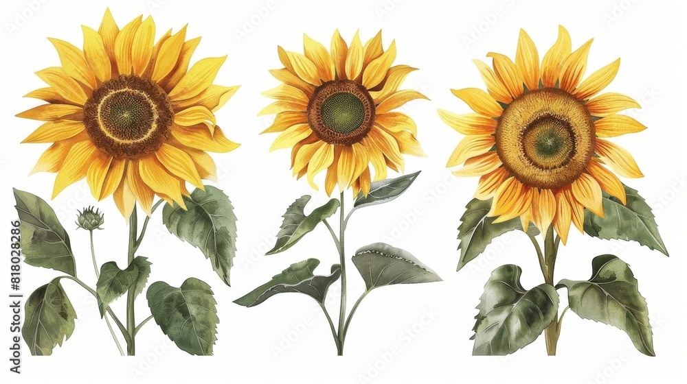 Obraz premium Group of sunflower illustrations with detailed leaves