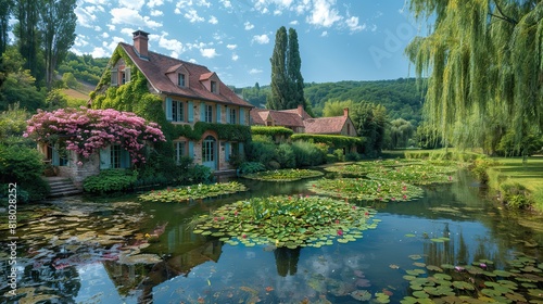 A picturesque pond with water lilies and a farmhouse in the background.