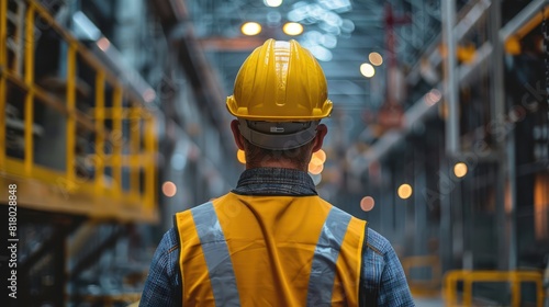 Industrial Worker in Yellow Hardhat with Safety Gear on Job Site