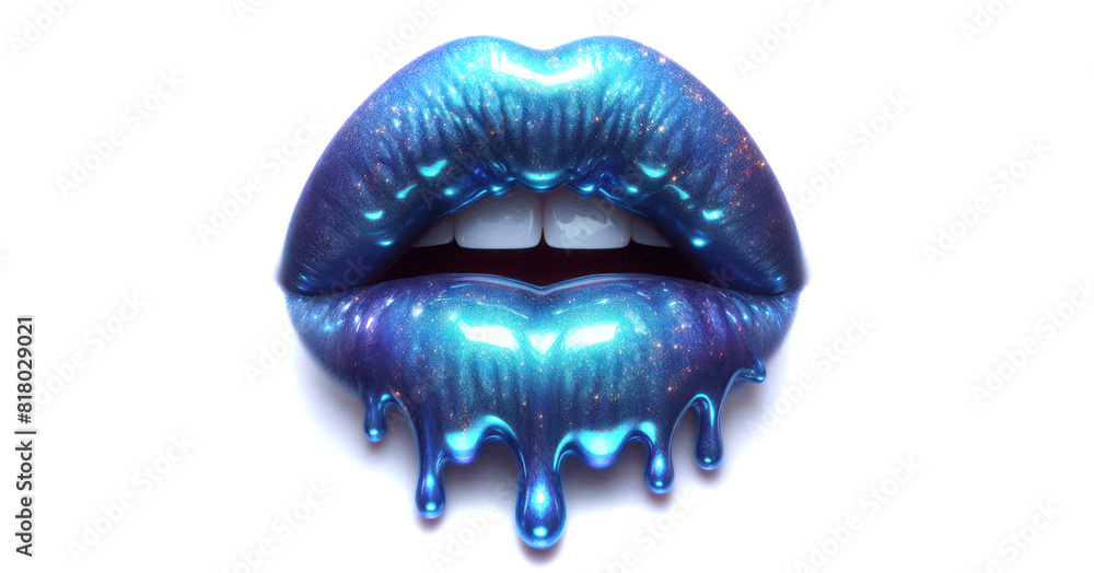 Metallic Gloss with Shiny Sensual Lips. sensual lips with glossy dripping blue lipstick. Metallic glitter effect. Isolated white background with copy space. Metallic Gloss with Shiny Sensual Lips. sensual lips with glossy dripping blue lipstick. Metallic glitter effect. Isolated white background with copy space.
