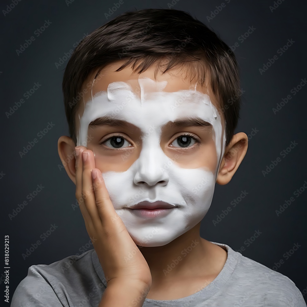 Boy with sunscreen lotion on face. Young boy si protected from sun with sunscreen. Concept of beach summer vacation with kids Boy with sunscreen lotion on face. Young boy si protected from sun with sunscreen. Concept of beach summer vacation with kids