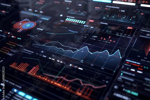 Hightech graphical interface showing stock market trends and data analytics