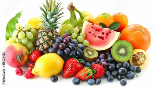 A variety of fruits are arranged together on a white background. 