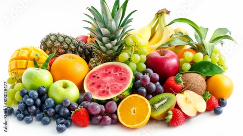 A variety of fruits are arranged together on a white background. 