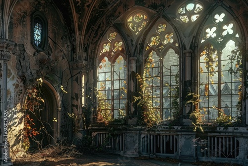 Inside an abandoned gothic castle  broken windows with ivy and plants growing through them  warm light coming in through the windows  ornate wall art