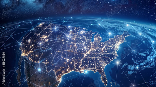A map of the United States with glowing blue lines connecting cities at night.