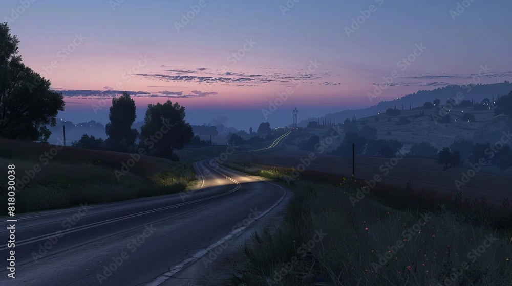 Illuminated road in a serene landscape during twilight