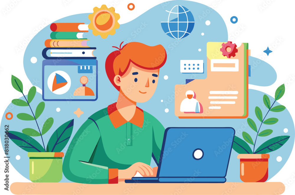 A man is sitting at a desk with a laptop and a potted plant A man is sitting at a desk with a laptop and a potted plant
