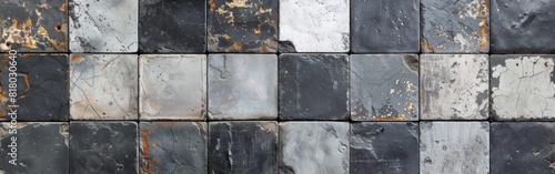 Vintage Geometric Mosaic Cement Tiles Texture in Grunge Gray, White, and Anthracite for Retro Worn Background