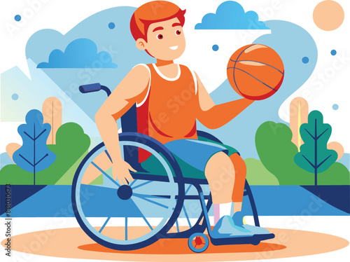 Flat illustration of a wheelchair basketball player, vector illustration.