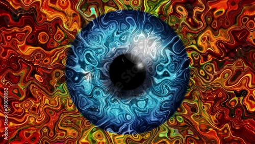 Close-up of a blue human iris with psychedelic multicolored patterns