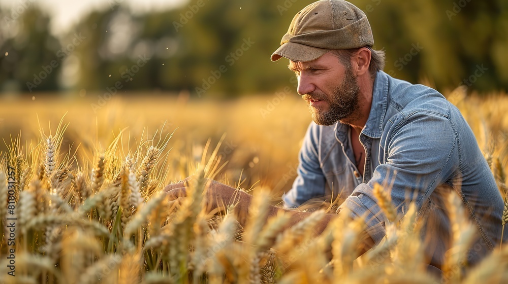 A farmer inspecting a field of ripe, golden wheat. A farmer inspecting a field of ripe, golden wheat.
