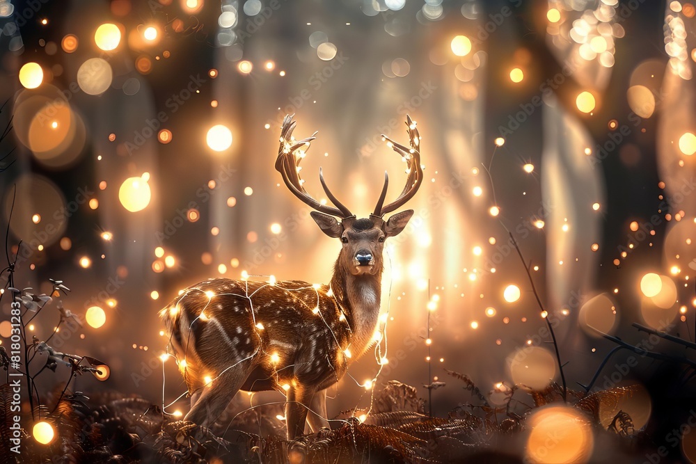 Majestic deer adorned with lights in a magical forest setting Majestic deer adorned with lights in a magical forest setting