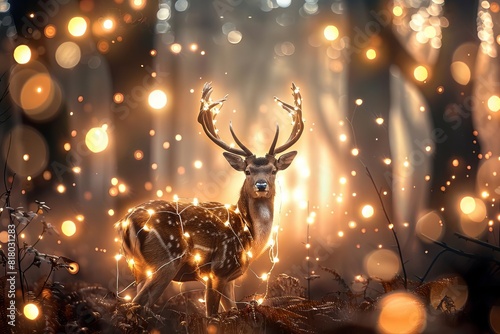 Majestic deer adorned with lights in a magical forest setting