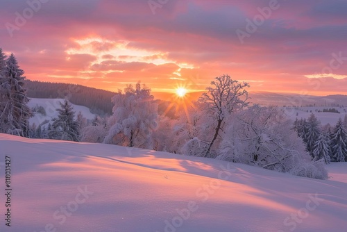 Majestic winter landscape at sunset, evoking tranquility and natural beauty