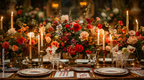A whimsical Alice-in-Wonderland-themed candlelight dinner, with oversized playing cards and floral arrangements
