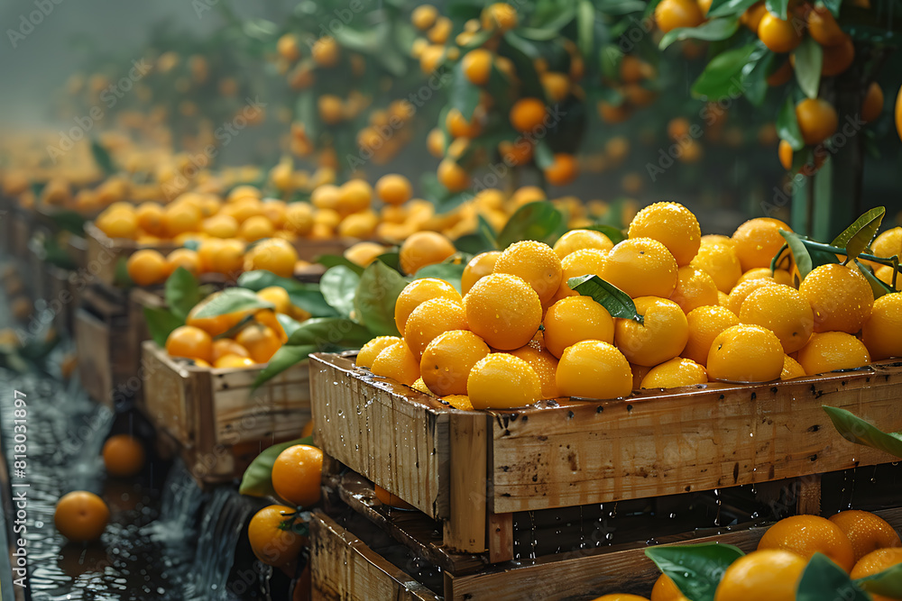 The harvested orange crop is neatly packed in wooden boxes on the sorting line, highlighting the organized process of preparing fresh citrus fruits for market distribution