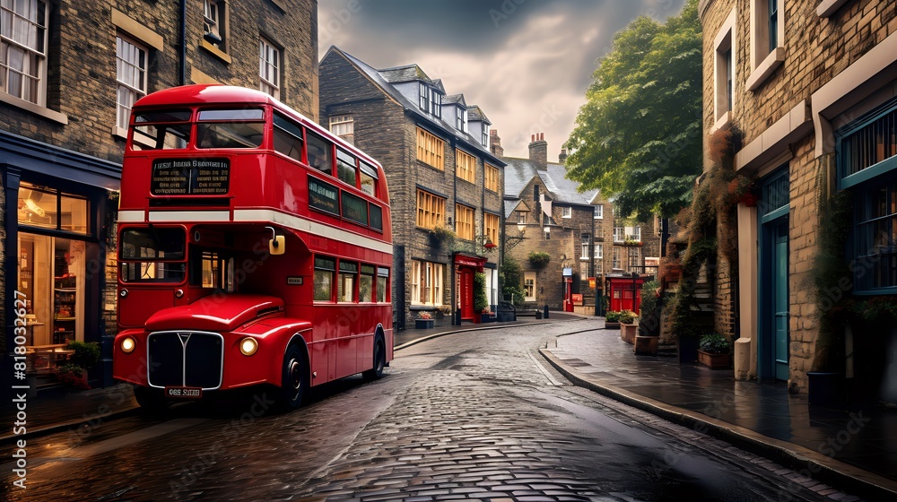 Fototapeta premium A red doubledecker bus drives through the narrow streets of Lond